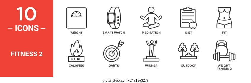 Fitness icon set. Weight, smart watch, meditation, diet, fit, calories, icons. Outlined icon collection. Vector illustration.