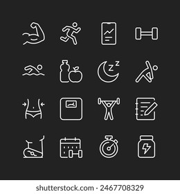 Fitness icon set, white lines on black. Athletic exercises, gym, gaining strength, burning weight. Sports and physical activities for results. Customizable line thickness.