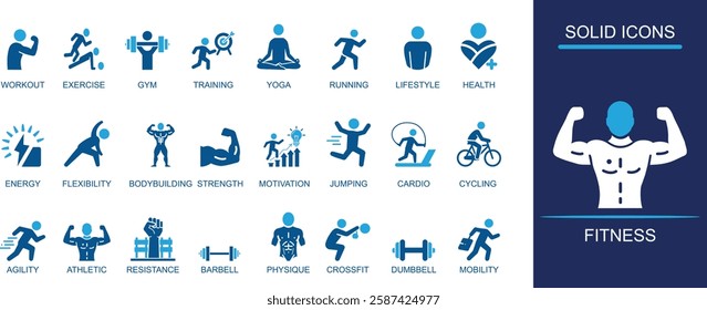 Fitness Icon set Workout, Exercise, Gym, Training, Yoga, Running, Strength, Bodybuilding, Flexibility, Energy.