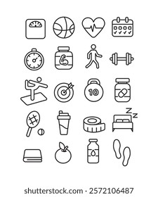 Fitness icon set. Yoga, strength, wellness, wellbeing, mental health, healthcare, spa, medical stickers for marketing, mobile app, business, presentation. Editable stroke. Vector illustration