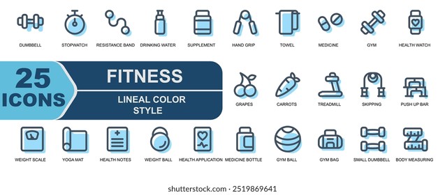 fitness icon.lineal color.modern style contains icons for running,exercising,skipping,jumping rope,push up bar,push up,health notes and many more.

