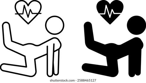 Fitness Icons. Black and White Vector Illustration. Man Doing Exercise and Heart Pulsating. Warm Up, Workout. Sport and Gym Concept