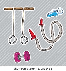 Fitness Icons, (collection set: still rings, dumbbell, whistle, jump rope ). Vector