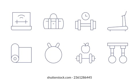 Fitness icons. editable stroke. Containing virtual reality fitness, sport bag, excercise, treadmill, yoga mat, fitness ball, fitness, rings.