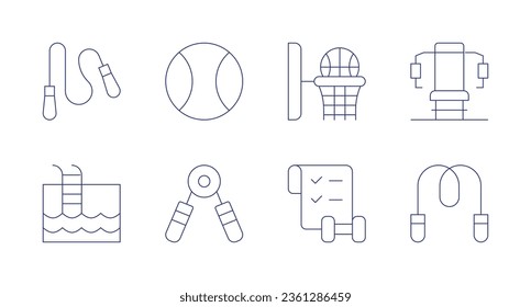 Fitness icons. editable stroke. Containing skipping rope, fitness ball, basketball, gym station, swimming pool, hand grip, checklist, jumping rope.