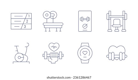 Fitness icons. editable stroke. Containing running track, bench press, smartphone, gym, stationary bike, dumbbell, bracelet, heart.