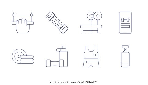 Iconos de fitness. trazo editable. Conteniendo empuje hacia arriba, expansor, campanas, teléfono, pesas, fitness, bolsa de punching.