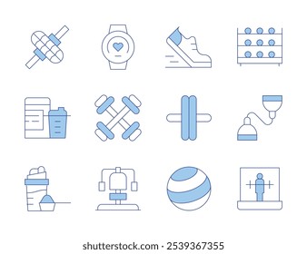 Fitness icons. Line Duotone style, editable stroke. protein shake, roller, bracelet, dumbbells, pilates, resistance band, running, wheel.