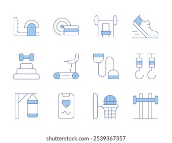 Fitness icons. Line Duotone style, editable stroke. smartphone, treadmill, weights, basketball, expander, fitness, goal, punching bag, ladder barrel, barbell, hooks, running.