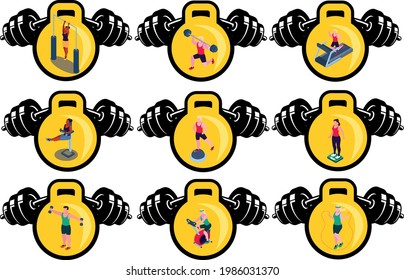 fitness icons, multicolored vector image, circular yellow background.