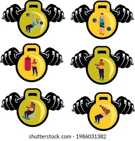 iconos de fitness, imagen vectorial multicolor, fondo amarillo circular.
