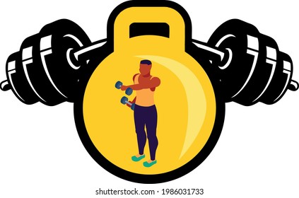 fitness icons, multicolored vector image, circular yellow background.