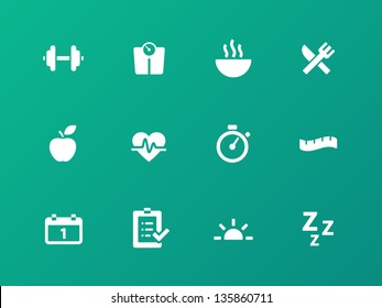 Fitness icons on green background. Vector illustration.