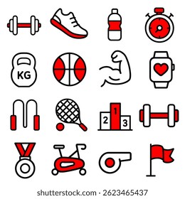 Fitness Icons Red and White Line Art Graphics Set
