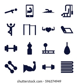 fitness icons set. Set of 16 fitness filled icons such as towels, barbell, muscle, heart with muscles, push up, muscular arm  on phone, swimmer, dumbbell, horizontal bar