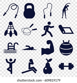 Fitness icons set. set of 16 fitness filled icons such as exercising, jump rope, pear, running, barbell, skipping rope, muscular arm, barbell   isolated, pool ladder, swimmer