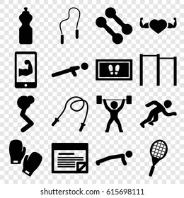 Fitness icons set. set of 16 fitness filled icons such as foot carpet, heart with muscles, push up, tennis rocket, skipping rope, muscular arm  on phone, running, power lifter