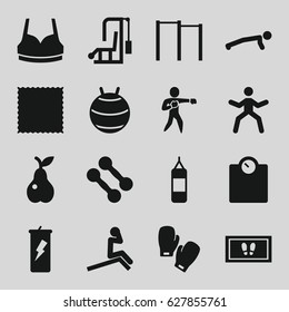 Fitness icons set. set of 16 fitness filled icons such as carpet, foot carpet, sport bra, pear, karate, boxing gloves, dumbbell, horizontal bar, boxing bag, fit ball