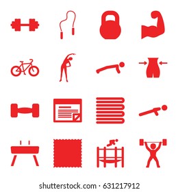 Fitness icons set. set of 16 fitness filled icons such as towels, exercising, slim, carpet, push up, barbell, trampoline, gymnastic apparatus, skipping rope, muscular arm