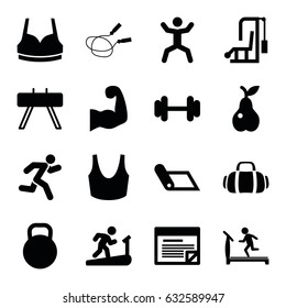 Fitness icons set. set of 16 fitness filled icons such as treadmill, jump rope, sport bra, pear, barbell, squat, running, kettle, sport bag, muscular arm, plan