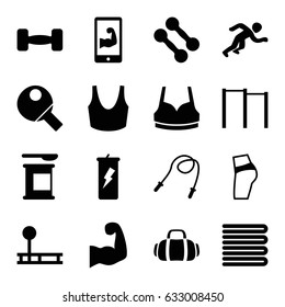 Fitness icons set. set of 16 fitness filled icons such as towels, sport bra, barbell, muscular arm  on phone, sport bag, muscular arm, running, table tennis, dumbbell