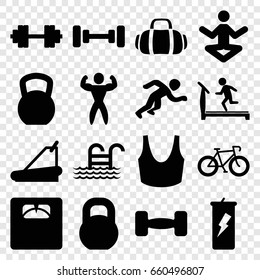 Fitness icons set. set of 16 fitness filled icons such as treadmill, barbell, sport bra, floor scales, bodybuilder, sport bag, running, barbell   isolated, pool ladder