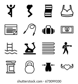 Fitness icons set. set of 16 fitness filled and outline icons such as slim, exercise bike, karate, sport bag, towels, foot carpet, sport bra, heart with muscles, barbell, plan