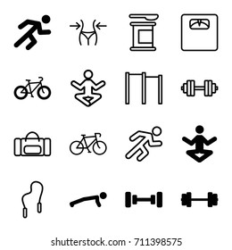 Fitness icons set. set of 16 fitness filled and outline icons such as barbell, running, bicycle, slim, floor scales, skipping rope, barbell   isolated, man doing exercises