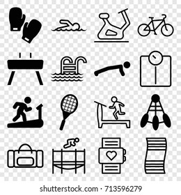 Fitness icons set. set of 16 fitness filled and outline icons such as tennis rocket, gymnastic apparatus, boxing gloves, treadmill, exercise bike, trampoline, pool ladder