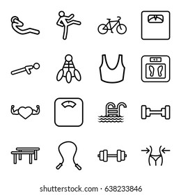 Fitness icons set. set of 16 fitness outline icons such as barbell, floor scales, slim, sport bra, heart with muscles, push up, abdoninal workout, pool ladder, bicycle