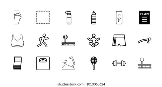 Fitness icons. set of 18 editable outline fitness icons: plan, barbell, fintess equipment, sport shorts, man doing exercises, yoga, floor scales, running, tennis rocket
