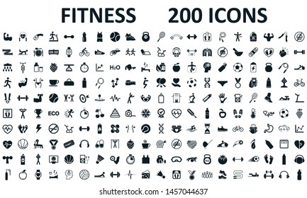 Fitness icons set 200 isolated. Fitness exercise, sport workout training illustration. Characters doing exercises sport figures – stock vector