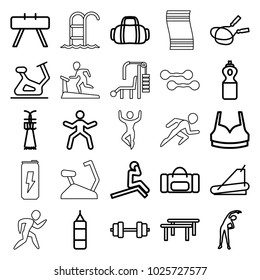 Fitness icons. set of 25 editable outline fitness icons such as exercising, jump rope, exercise bike, sport bra, barbell, boxing bag, fintess equipment, horizontal bar
