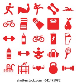 Fitness icons set. set of 25 fitness filled icons such as barbell, pear, floor scales, muscle, heart with muscles, running, bicycle, trampoline, kettle, tennis rocket