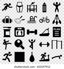 Fitness icons set. set of 25 fitness filled icons such as floor scales, jump rope, carpet, treadmill, trampoline, running, bodybuilder, barbell, sport bag, table tennis, plan