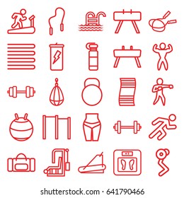 Fitness icons set. set of 25 fitness outline icons such as towels, floor scales, jump rope, treadmill, running, pool ladder, karate, bodybuilder, kettle, gymnastic apparatus