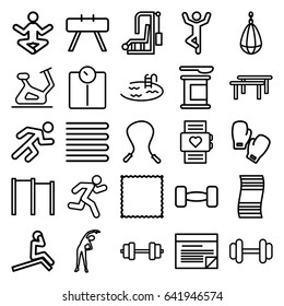 Fitness icons set. set of 25 fitness outline icons such as towels, exercising, pool, exercise bike, carpet, barbell, running, plan, boxing gloves, horizontal bar