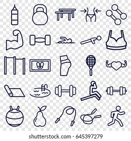 Fitness icons set. set of 25 fitness outline icons such as jump rope, slim, pool, foot carpet, sport bra, pear, barbell, heart with muscles, push up, running, swimmer