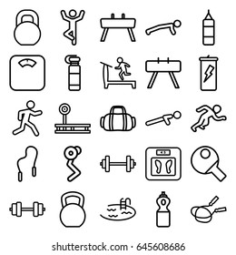 Fitness icons set. set of 25 fitness outline icons such as treadmill, floor scales, jump rope, pool, push up, running, barbell, gymnastic apparatus, skipping rope, sport bag