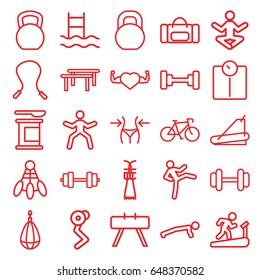 Fitness icons set. set of 25 fitness outline icons such as barbell, slim, treadmill, heart with muscles, shuttlecock, bicycle, kettle bell, fintess equipment, horizontal bar