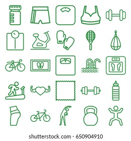 Fitness icons set. set of 25 fitness outline icons such as exercising, floor scales, exercise bike, carpet, foot carpet, sport bra, barbell, heart with muscles, squat, bicycle