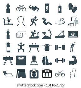 Fitness icons. set of 36 editable filled fitness icons such as exercising, treadmill, slim, pool, skipping rope, fintess equipment, sport shorts, man on treadmill