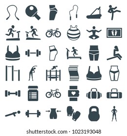 Fitness icons. set of 36 editable filled fitness icons such as exercising, treadmill, barbell, slim, sport bra, skipping rope, bicycle, man doing exercises, heart rate watch