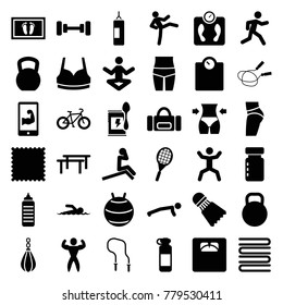 Fitness icons. set of 36 editable filled fitness icons such as barbell, jump rope, sport bra, kettle bell, fit ball, horizontal bar, man doing exercises, yoga, sport bag