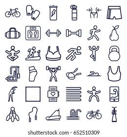 Fitness icons set. set of 36 fitness outline icons such as towels, exercising, barbell, floor scales, jump rope, slim, carpet, sport bra, pear, treadmill, running, bicycle