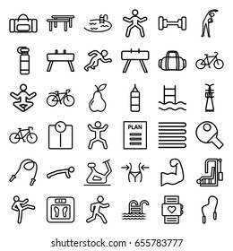 Fitness icons set. set of 36 fitness outline icons such as towels, exercising, barbell, floor scales, slim, pool, exercise bike, pear, running, squat, bicycle, plan