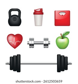 Fitness icons. Set of 3d icons isolated on white background.
