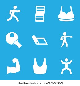 Fitness icons set. set of 9 fitness filled icons such as sport bra, running, squat, karate, muscular arm, table tennis, carpet