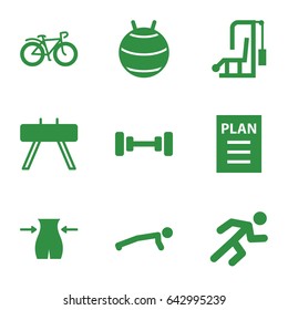 Fitness icons set. set of 9 fitness filled icons such as barbell, slim, bicycle, running, plan, fit ball, fintess equipment, man doing exercises