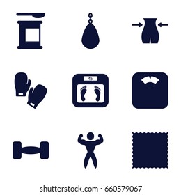 Fitness icons set. set of 9 fitness filled icons such as floor scales, slim, carpet, bodybuilder, barbell, boxing gloves, protein powder